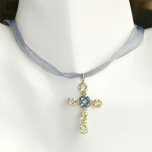 Vintage soft Pastel Blue Yellow Swarovski Crystal choker necklace Small